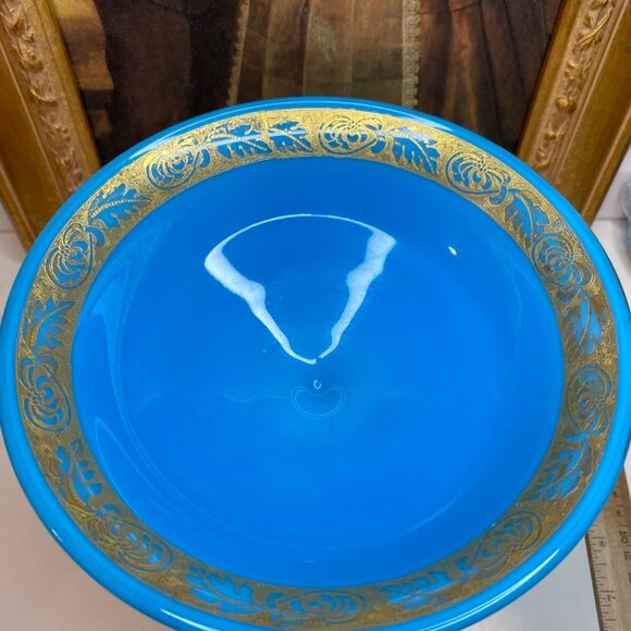 Antique Blue Compote Milk Glass About 7 Inches Tall Gold Leaves Trim Design - Picture 2 of 11